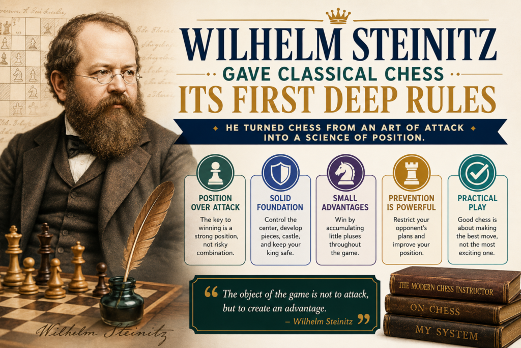 Wilhelm Steinitz was the first official world chess champion. He held the title in the late 1800s, and his ideas changed how people understood chess. Before Steinitz, many players loved fast attacks and bold sacrifices. Steinitz helped show that a player should not attack without a reason.