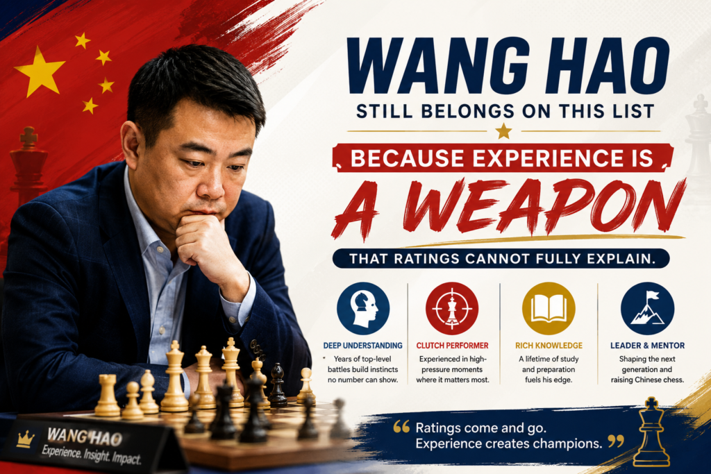Wang Hao is not the newest name in Chinese chess, but he is still a very serious one. His current FIDE profile lists him at 2684 in classical chess, with the fourth national rank among active Chinese players. That matters because a player does not stay near this level by accident.