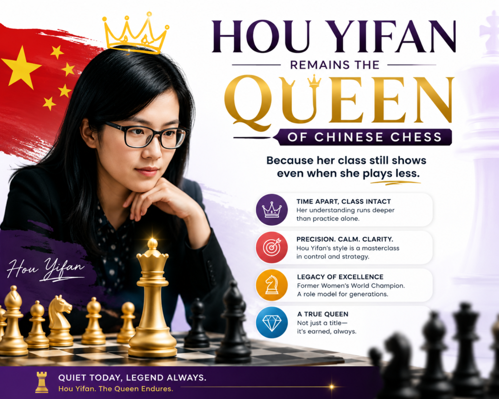 Hou Yifan is one of the most special chess players China has ever produced. She is not as active in classical chess as she once was, but she is still listed by FIDE as the top woman player in standard, rapid, and blitz. On FIDE’s current ratings page, she is shown as the top-rated woman in classical chess with a 2596 rating.