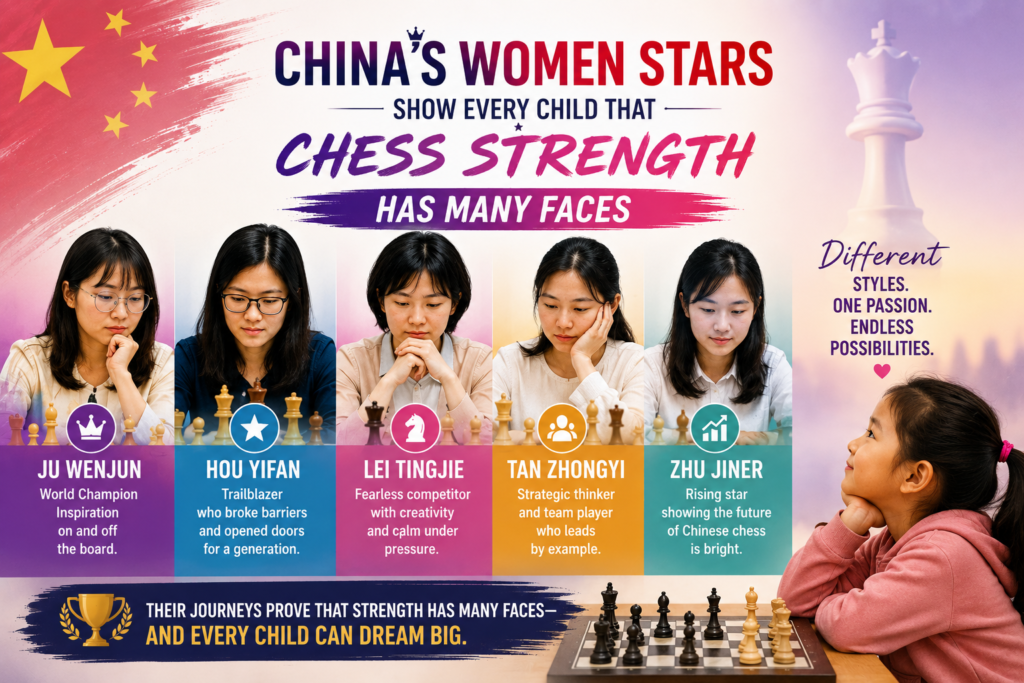One of the strongest parts of Chinese chess right now is women’s chess. The May 2026 FIDE women’s list shows Hou Yifan at number one, Lei Tingjie at number two, Ju Wenjun at number three, Zhu Jiner at number four, and Tan Zhongyi at number nine. That means five of the top ten women on that list are Chinese players.