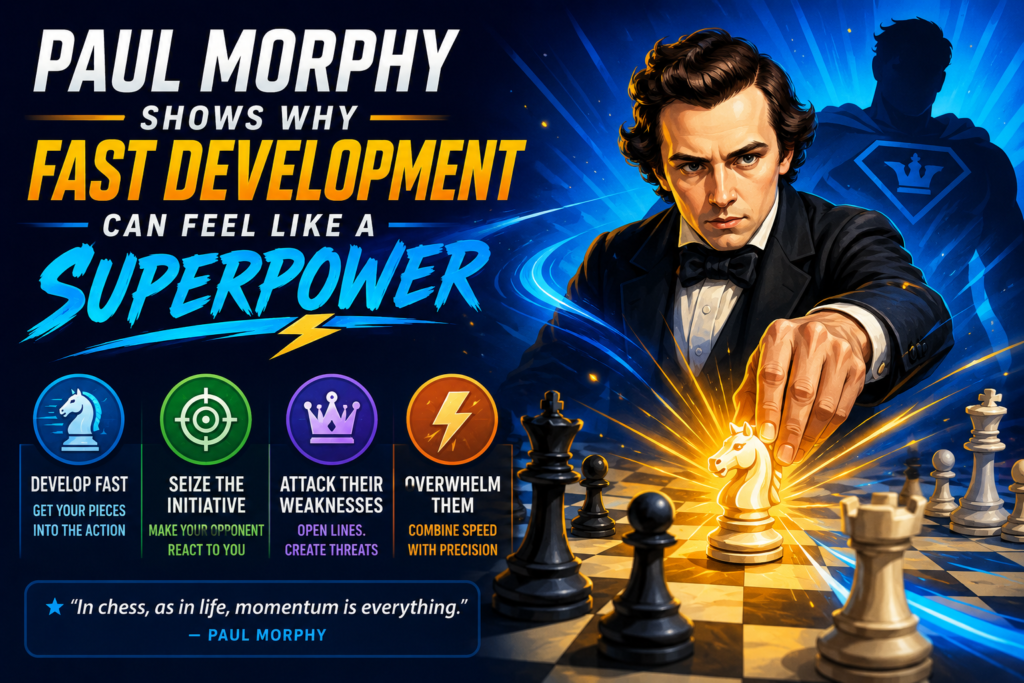 Paul Morphy is a great place to start because his chess looks clean, clear, and deadly. He did not need long plans with many hard words. He brought his pieces out fast. He opened lines. He aimed at the king. Then, before the other side was ready, he struck.