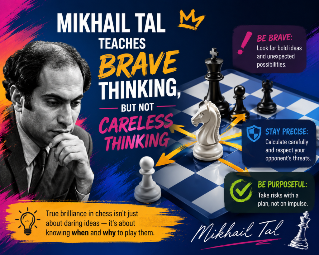 Mikhail Tal is one of the first names people think of when they hear “tactical chess.” His games feel wild. Pieces fly across the board. Knights jump into danger. Bishops land near the king. Pawns rush forward. Then suddenly, the opponent has no safe move.