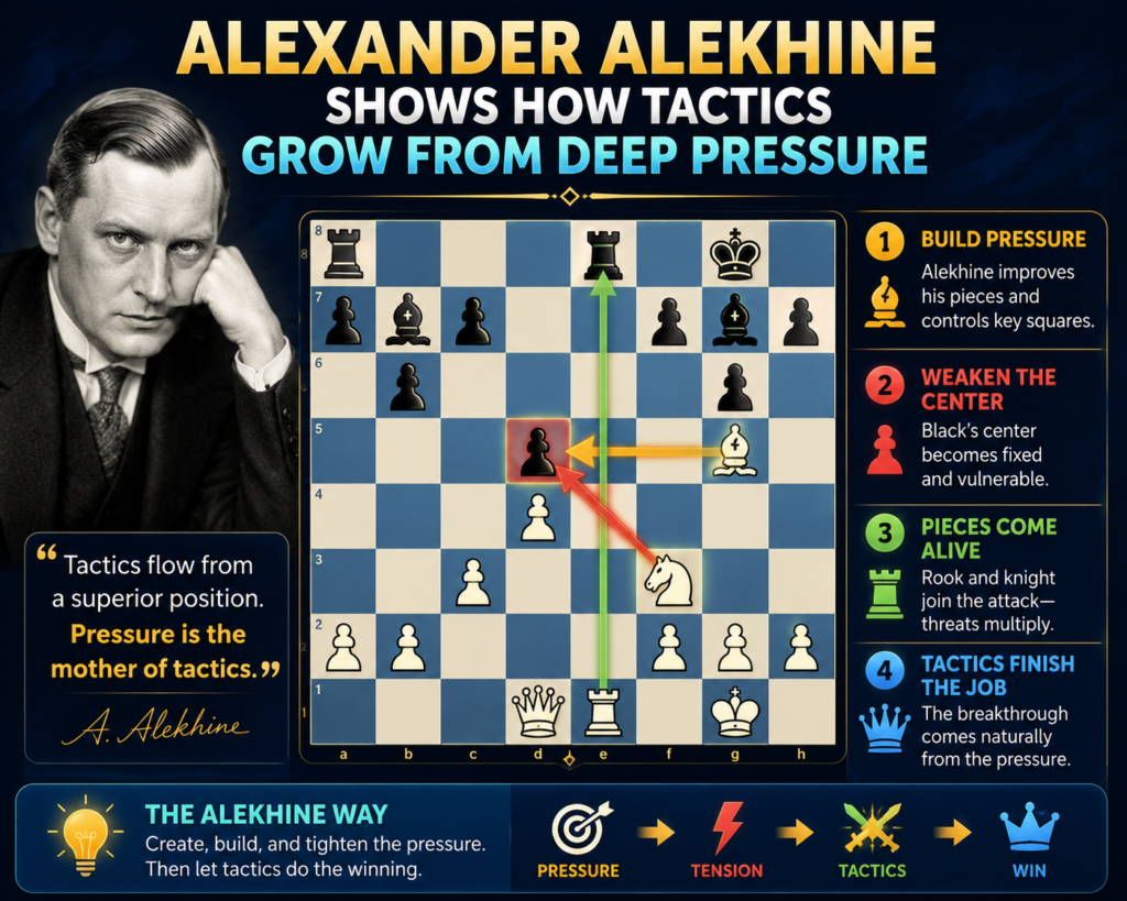 Alexander Alekhine was another giant of tactical chess, but his style was different from Tal’s. Tal often felt like a storm. Alekhine felt like a hunter. He would build small threats, place pieces on sharp squares, and slowly make the position more dangerous.