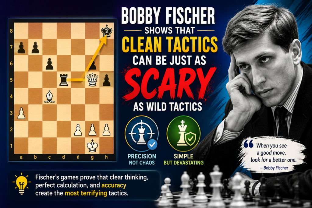 Bobby Fischer did not always look wild on the board. That is what made him so hard to face. His moves often looked simple, but they carried a deep threat. He could play calm chess for many moves, and then one sharp tactic would end the game.