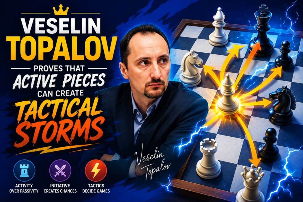 Veselin Topalov is one of the most exciting attacking players of modern chess. His games are full of energy. He likes active pieces, open positions, and direct pressure. When he gets the kind of position he wants, the board can become very hard for the opponent to handle.