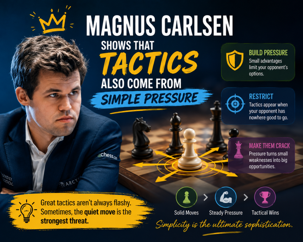 Magnus Carlsen is often known for endgames, calm pressure, and making small edges grow bigger. But it would be a mistake to think he is not tactical. His tactics are just not always loud. Many times, he wins because he creates a position where the opponent gets tired, slips, and then a tactic appears.