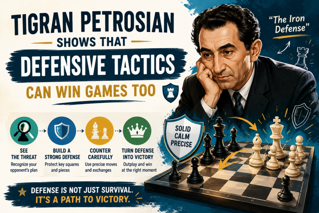 Tigran Petrosian is not usually called a wild attacking player. He was known for defense, safety, and stopping danger before it became real. But that is why he is so important in an article about tactics. Petrosian teaches that tactics are not only used to attack. They are also used to defend, trap, block, and punish overconfident players.