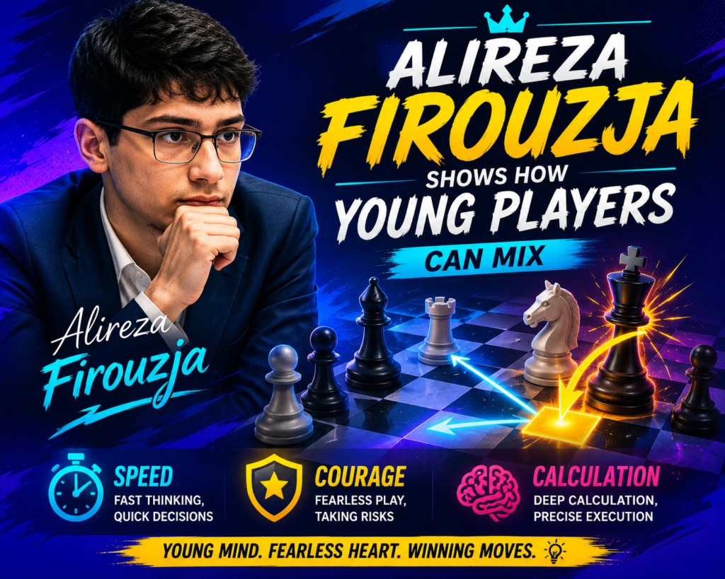 Alireza Firouzja is one of the most exciting young stars in chess. His games often show sharp tactics, quick decisions, and strong fighting spirit. He is especially interesting for young students because he proves that age does not stop a player from thinking deeply, playing bravely, and challenging the best.