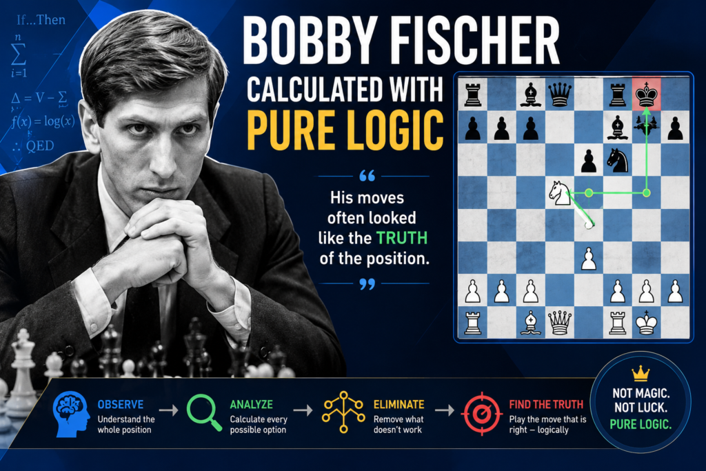 Bobby Fischer was not known for messy attacks in the same way as Mikhail Tal. Fischer’s chess often felt clean, direct, and honest. He did not need to create chaos all the time. He wanted the best move, the best square, the best plan, and the best finish.