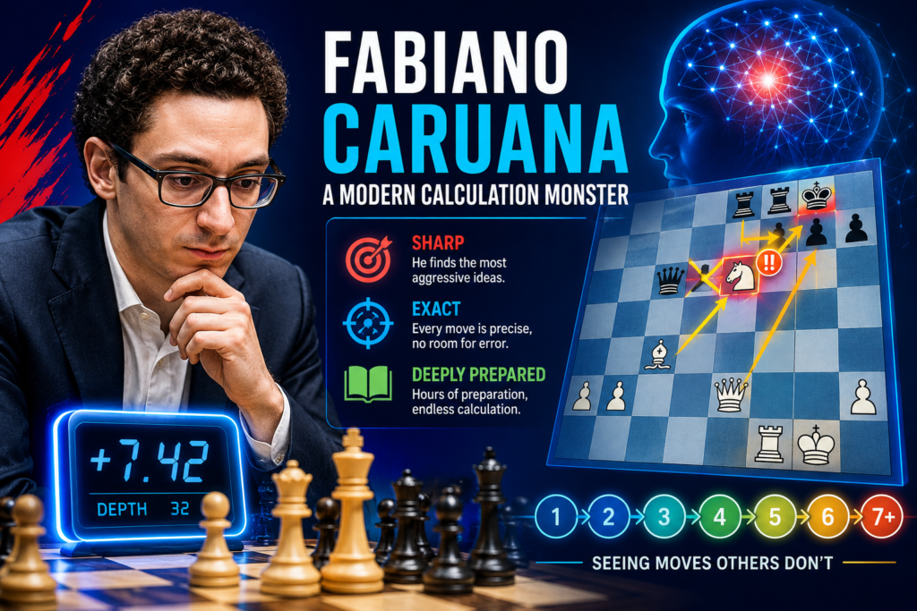 Fabiano Caruana is one of the clearest examples of modern elite calculation. His style is not based on tricks alone. It is based on deep opening work, exact move order, strong memory, and the ability to hold long lines in his head. When a position becomes sharp, he can calculate with amazing depth and calm.