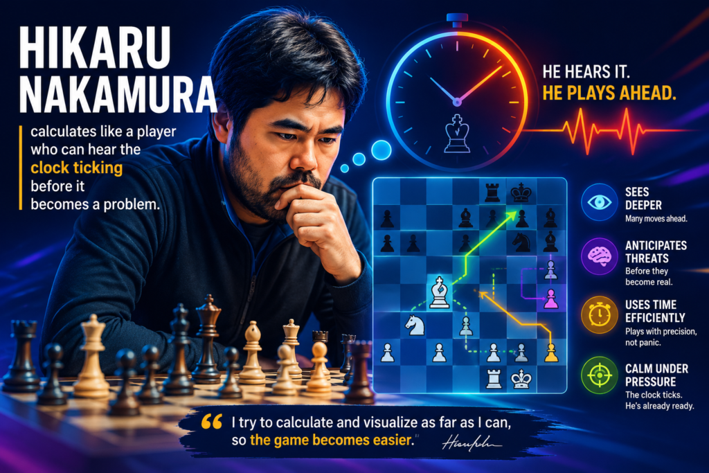Hikaru Nakamura is one of the best examples of a modern calculation monster. He is famous for speed chess, online chess, and sharp play under pressure. But his real gift is not just moving fast. Many players can move fast. Nakamura can think fast while still keeping danger under control.