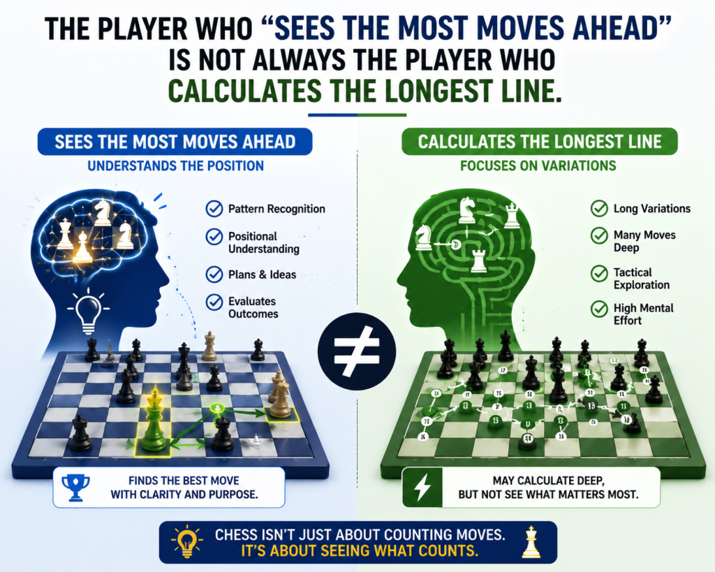 Here is a truth that surprises many beginners. Strong chess is not always about counting the longest line. A player who sees ten weak moves ahead is not stronger than a player who sees four correct moves ahead. Depth matters, but only when the moves are important.