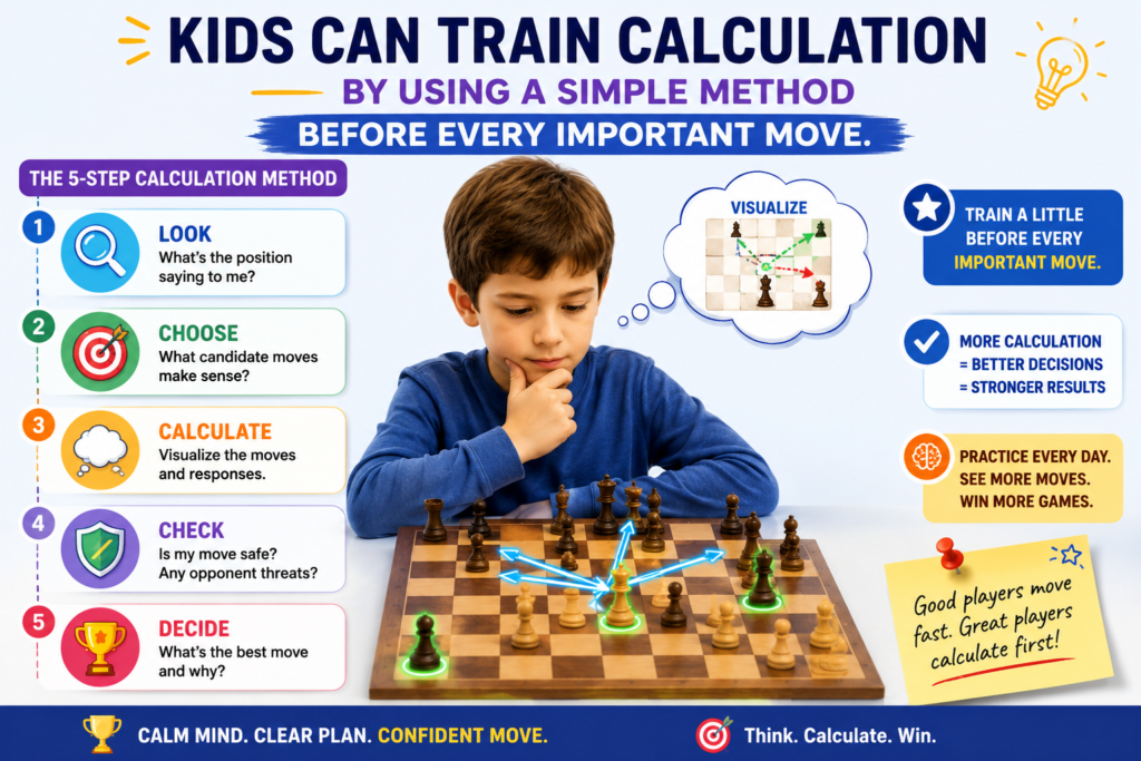 A child does not need to be a grandmaster to calculate better. The method can be simple. The hard part is remembering to use it during a real game. That is why practice must be steady and guided.