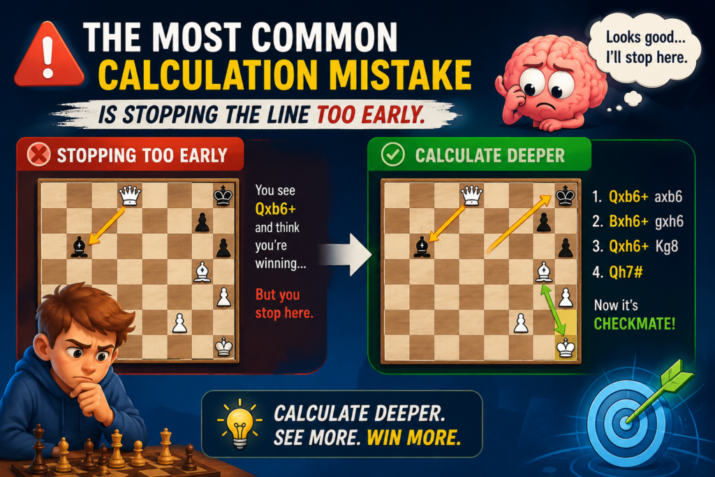Many young players begin a line well, then stop one move too soon. They see a check. They see the king move. Then they think the line is over. But maybe there is a second check. Maybe there is a capture after that. Maybe the opponent has one hidden defense. This is how games are lost.