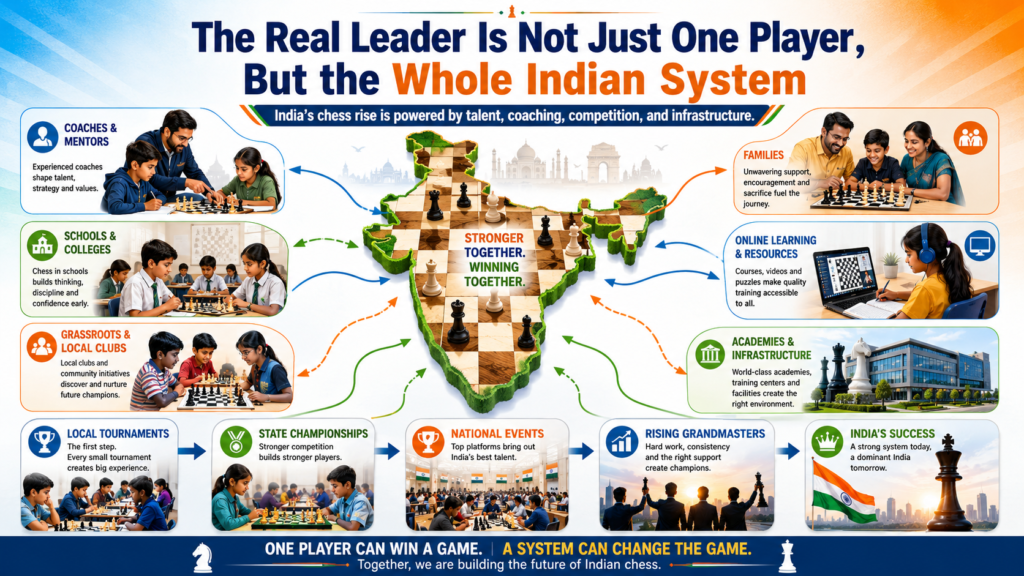 The title of this article asks who is leading the wave. The honest answer is that there is no single answer. Arjun is leading by rating. Gukesh is leading by world champion status. Pragg is leading as a calm elite force. Humpy, Vaishali, and Divya are leading the women’s side in different ways.