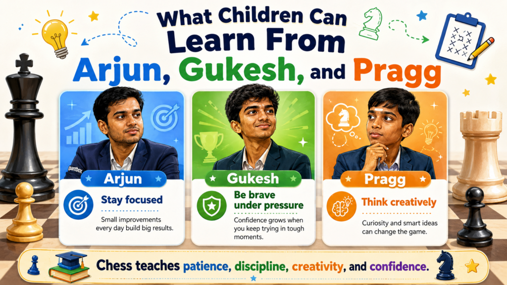 The top Indian players are not only names to admire. They are study guides. Each one gives children a different lesson. Arjun teaches active play. Gukesh teaches courage under pressure. Pragg teaches calm choices. Together, they show that there is no single way to become strong at chess.