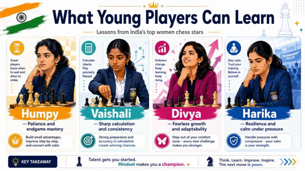 The women’s side of Indian chess is one of the strongest parts of the country’s chess story. Koneru Humpy brings class and experience. R Vaishali brings belief and big-event courage. Divya Deshmukh brings fearless young energy.