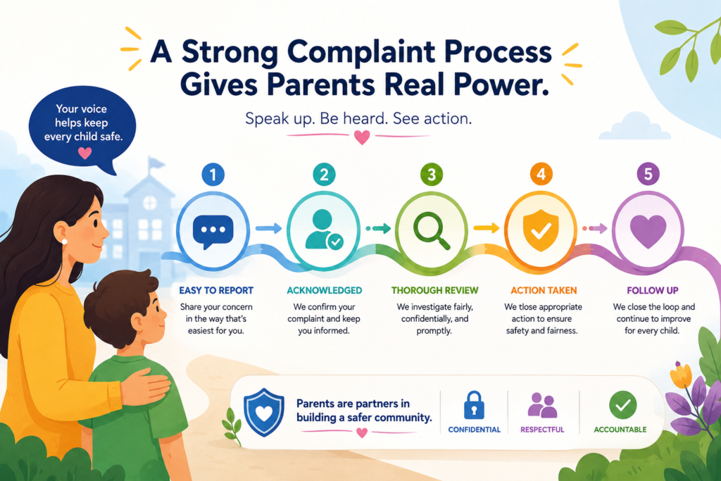 Even with good systems, parents need a clear way to speak up. This is one of the most important parts of child safety. A parent should not have to wait until something becomes serious. 