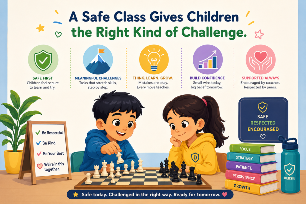 A class that is too easy can bore a child. A class that is too hard can scare a child. A safe class sits in the middle. It stretches the child, but it does not break the child’s confidence. It gives the child enough support to keep trying, even when the puzzle is hard.