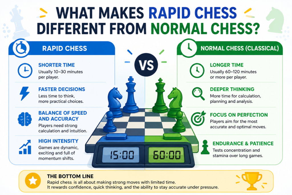 Rapid chess sits in a sweet spot. It is not as slow as classical chess, where players may think for many hours. It is also not as wild as blitz, where one bad mouse slip or one rushed move can end the game.