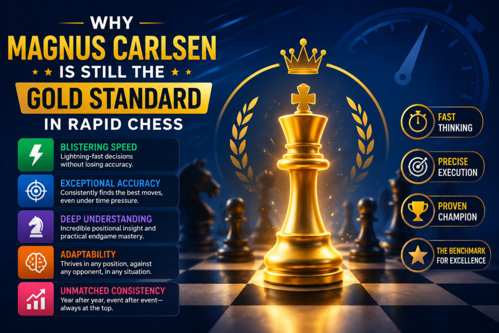 Magnus Carlsen is the name most people think of when they hear “best rapid chess player.” The reason is simple. He makes hard positions look easy. He can play quiet moves, sharp moves, endgames, attacks, and messy time trouble positions with the same calm face.