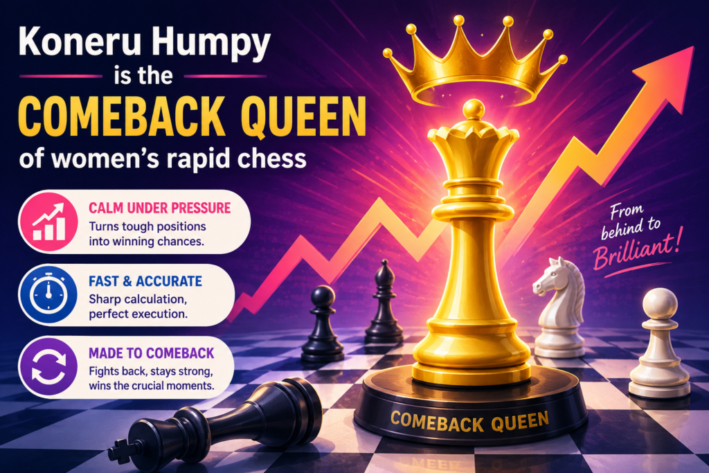 Koneru Humpy is one of the best examples of calm power in rapid chess. She does not need to make the game look loud. She is happy to build slowly, improve her pieces, and wait for the right moment. That kind of style is very strong in rapid chess because many players get restless when they cannot find a quick win.