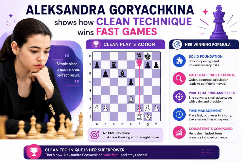Aleksandra Goryachkina is known for strong, clean, and steady chess. She is not the type of player who depends only on tricks. She understands positions deeply and can keep control for a long time. In rapid chess, this matters because control saves time. 