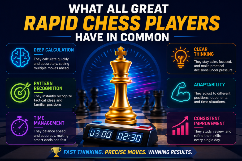 The best rapid chess players may look very different from one another. Carlsen is calm and steady. Hikaru is sharp and tricky. Anand is smooth and natural. Firouzja is brave and full of energy. Humpy is patient. Goryachkina is clean. But when you look closer, they all share a few deep habits.