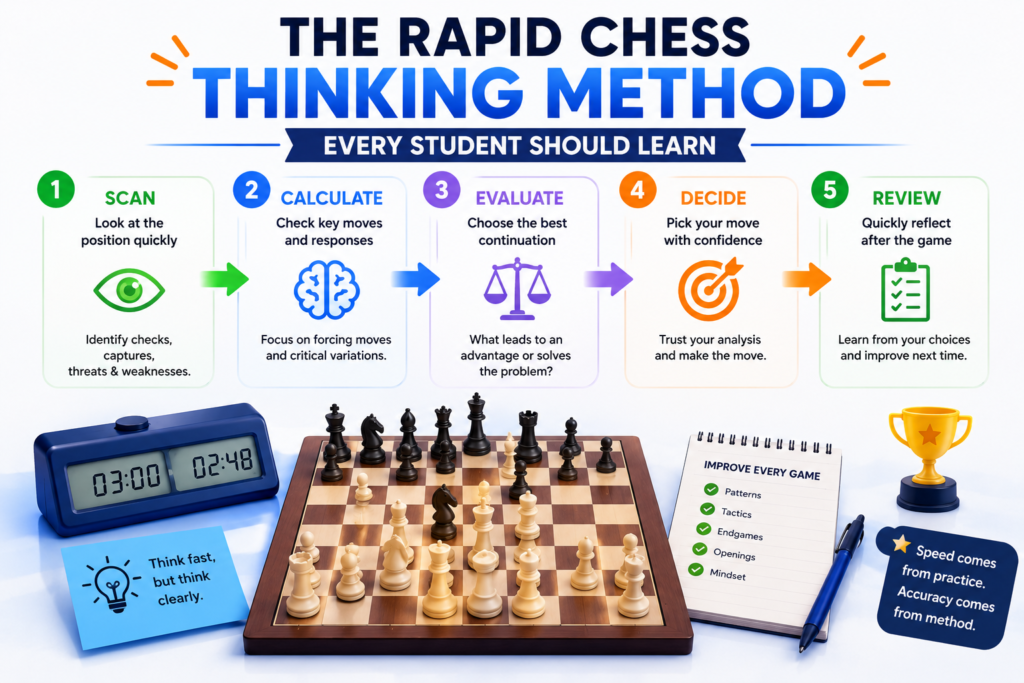 Rapid chess becomes easier when a student has a simple thinking method. Without a method, the child may stare at the board and feel lost. They may move the first piece they see. They may react to the clock instead of the position. A clear method gives the mind a safe path.