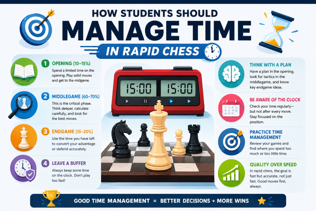 Time management is one of the biggest reasons rapid games are won or lost. Some children play too fast and miss easy tactics. Others think too long in the opening and then panic later. The best rapid players know how to spend time like money. They save it on simple moves and spend it on big moments.