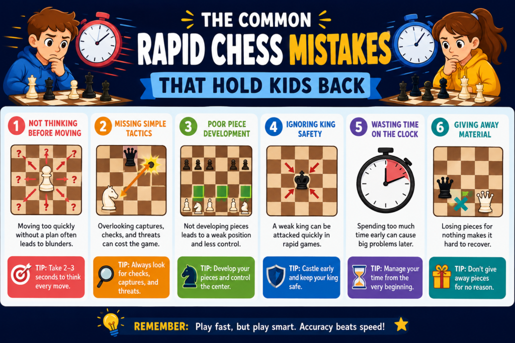 Most rapid chess mistakes are not caused by a lack of talent. They are caused by habits that can be fixed. This is good news for parents and students. A child does not need to be born as a chess genius to improve. They need to notice the mistake, understand why it happens, and train a better habit in its place.