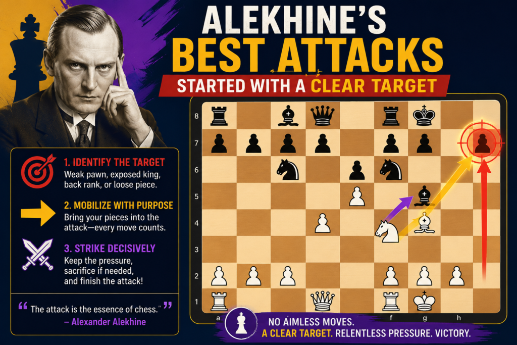 Alekhine did not attack the whole board at once. He picked a target and made that target worse move by move. That target could be a weak king, a loose pawn, a pinned piece, or a square that could no longer be defended.