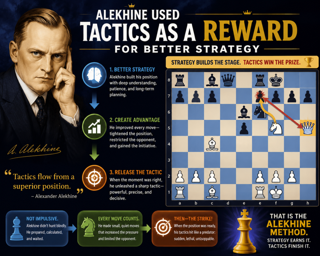 Tactics are fun because they feel like magic. A fork wins a queen. A pin traps a piece. A sacrifice opens the king. A checkmate appears from nowhere. But in strong chess, tactics are usually not magic. They are a reward for good strategy.