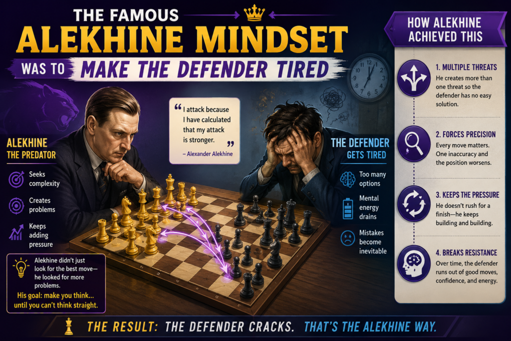 Alekhine was not only trying to find a quick win. Many of his games show a different kind of danger. He made the opponent defend again and again. Every move brought a new problem. The defender had to solve one threat, then another, then another. After a while, even a strong player could make a small mistake.