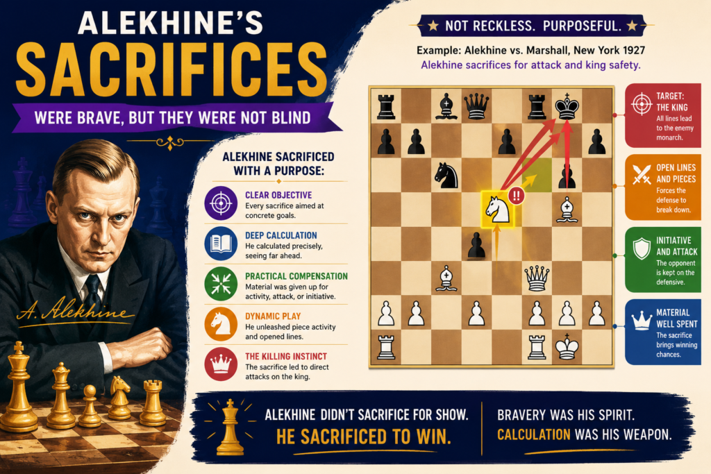 Alekhine is famous for sacrifices. He gave up pawns, pieces, and sometimes even more to open lines and attack the king. But the key point is this: his sacrifices usually had a clear reason. He was not giving material away because it looked cool. He was buying time, open lines, active pieces, or a trapped king.