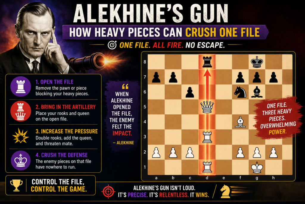 One of the most famous ideas linked to Alekhine is called Alekhine’s Gun. It is a setup where two rooks and the queen line up on the same file, with the queen behind the rooks.