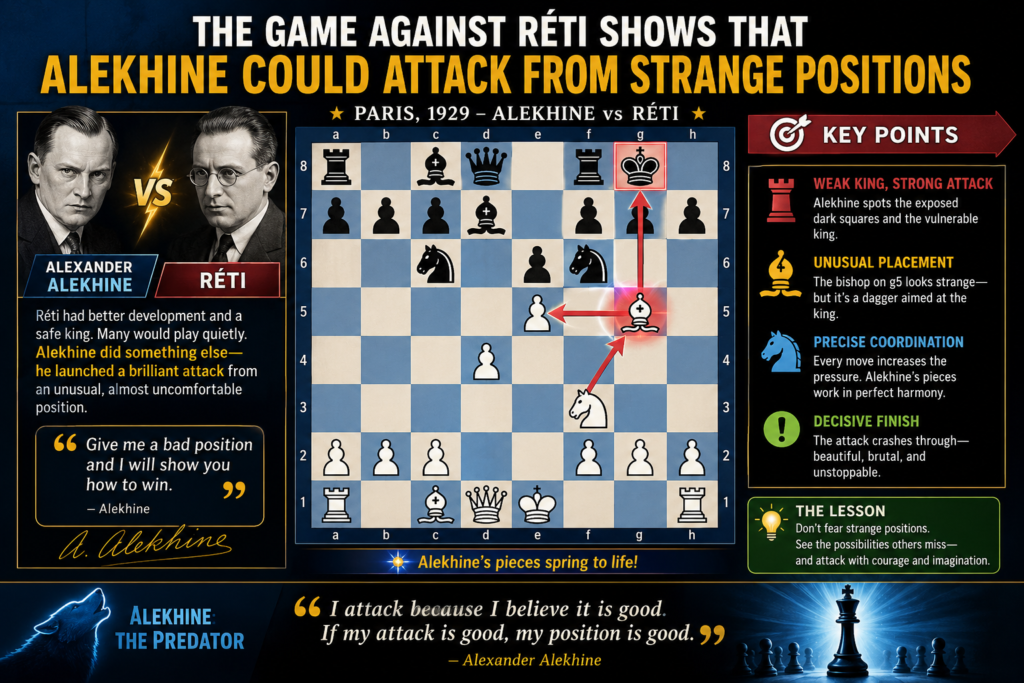 Chess historian Edward Winter shares a note from Frank Marshall, who said that after the 1927 New York tournament, he asked Alekhine which game he thought was his best, and Alekhine picked the game he played against Réti at Baden-Baden in 1925.
