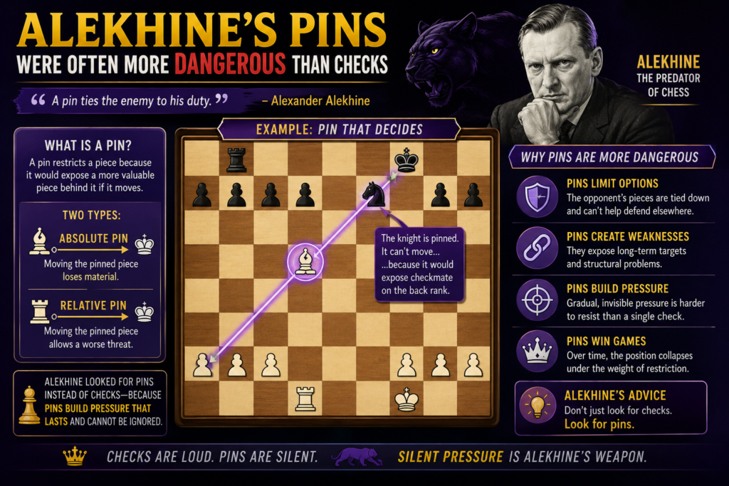 A check is easy to notice. A pin is quieter, but it can be even more deadly. A pinned piece cannot move without allowing something worse to happen. Alekhine used this idea again and again. He loved positions where one defender looked present but could not really move.