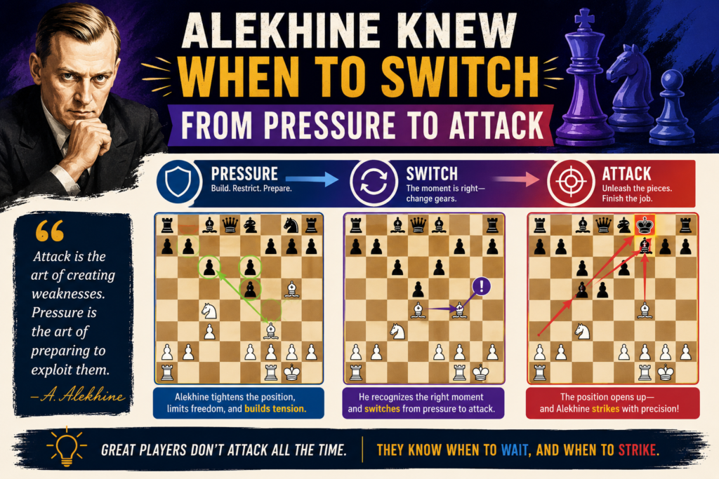 A great attacking player must know when to wait and when to hit. If you hit too early, the attack may fail. If you wait too long, the opponent may escape. Alekhine was powerful because he often knew the right moment to change the game.