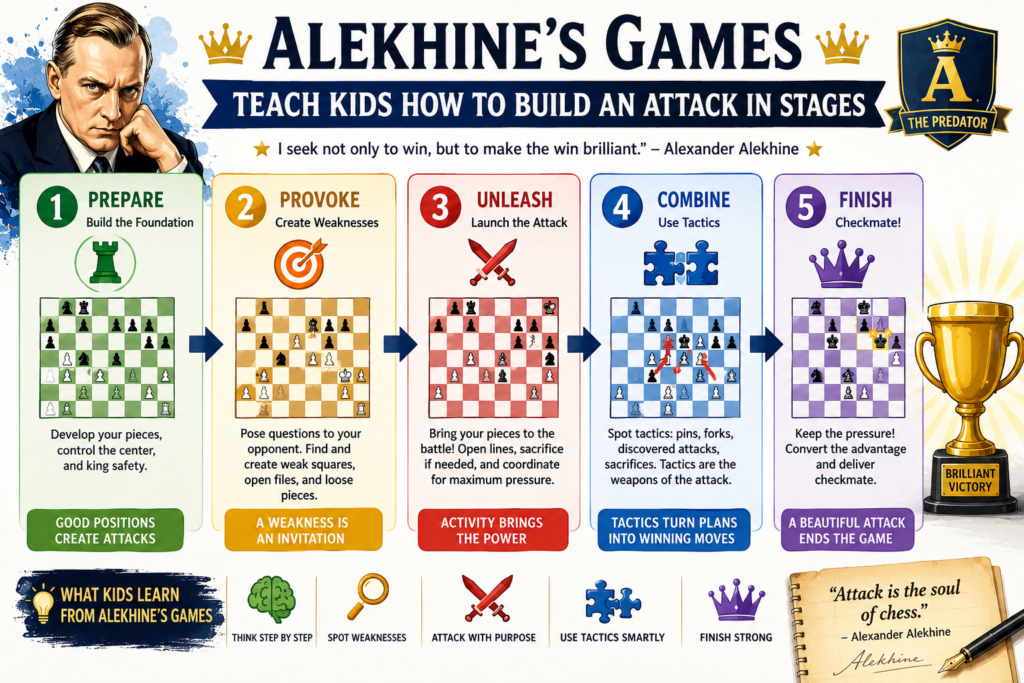 The best way to learn from Alekhine is not to copy his sacrifices. It is to copy his process. He did not start with the final blow. He built the attack in stages. He found a target. He improved his pieces. He opened lines. He tied down defenders. Then he calculated the forcing moves.