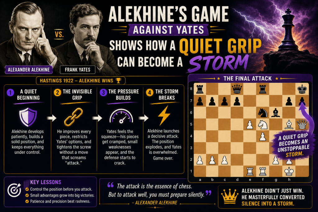 Alekhine’s win against Frederick Yates in London 1922 is often remembered as one of his wild attacking games. ChessGames lists it as Alekhine versus Yates, London 1922, in the Queen’s Gambit Declined, and the game has even been nicknamed “Crazy Yates.”