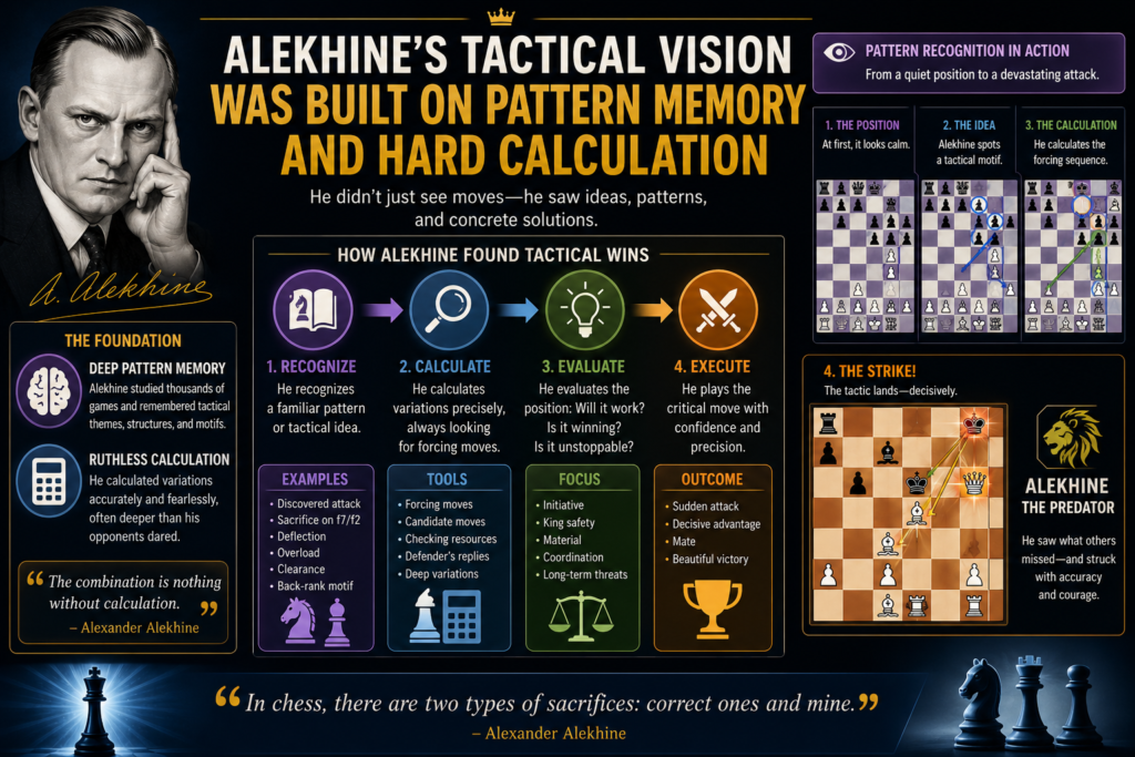Alekhine was known for brilliant combinations, but his tactical skill was not only a gift. It was built through deep study, strong memory, and careful calculation. His famous book, “My Best Games of Chess, 1908–1937,” includes 220 of his games with his own notes, covering major matches against Capablanca, Euwe, and Bogoljubow.