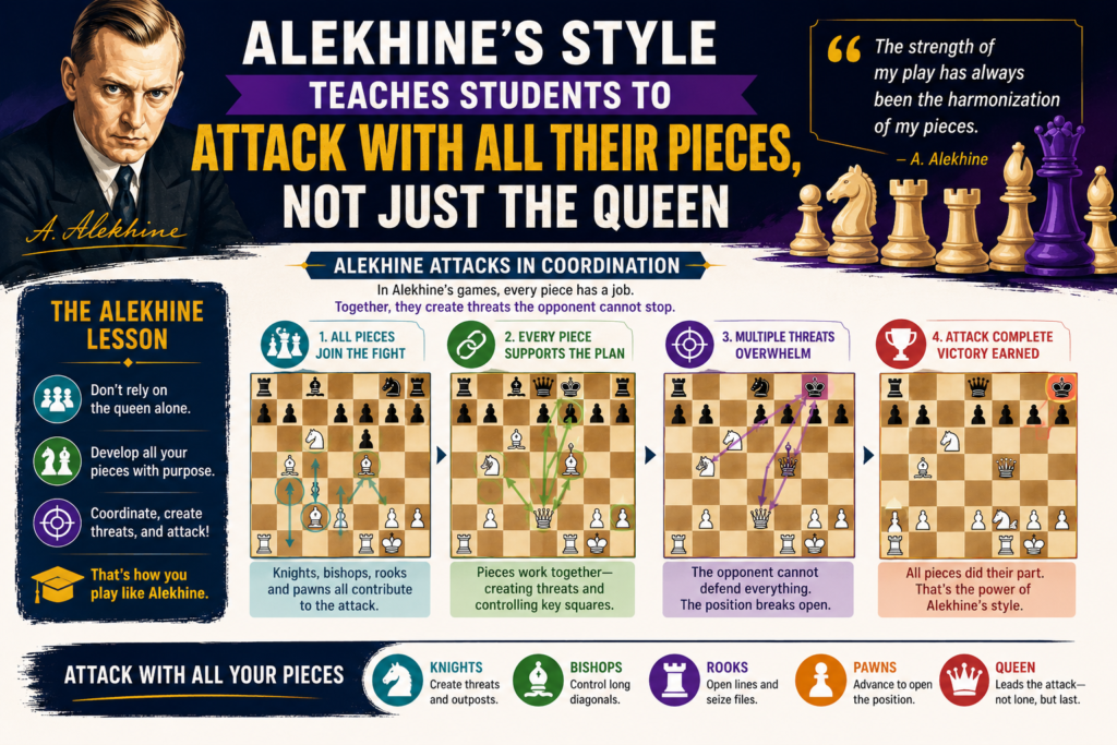 Many young players love the queen. That makes sense. The queen is powerful. She can move far. She can give checks. She can win pieces. But a queen alone is not an attack. A queen alone can often be chased away.