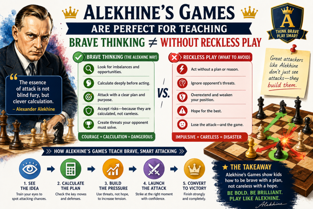 Alekhine’s chess was bold, but it was not careless. This is one of the most important lessons for kids. Bravery in chess does not mean moving fast. It does not mean giving pieces away. It does not mean attacking no matter what. True bravery means seeing a hard idea, checking it carefully, and playing it when it works.