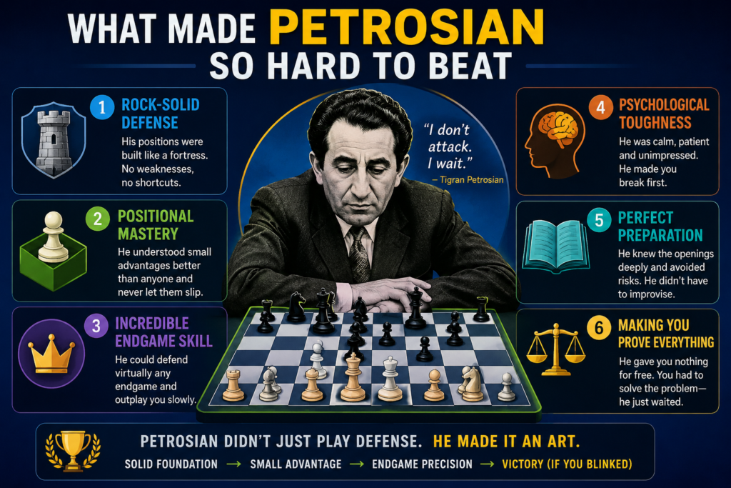 Petrosian was hard to beat because he did not give free gifts. He did not leave pieces hanging. He did not open lines near his king without a reason. He did not let his opponent’s plan grow in peace.