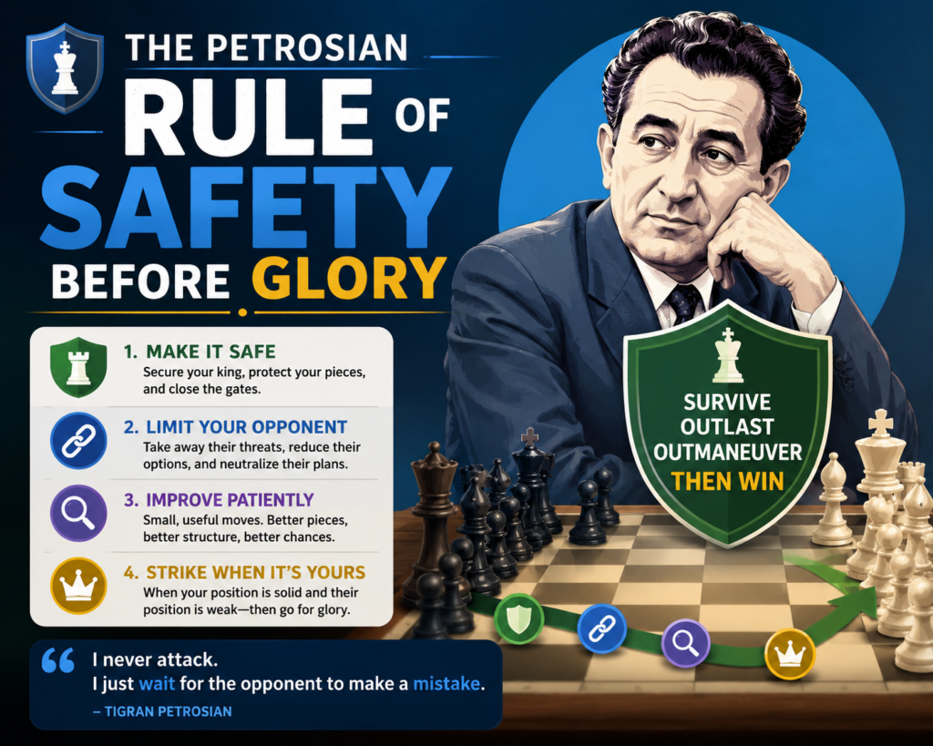 Petrosian did not hate attacking. This is a big myth. He attacked when the time was right. But he did not attack like a child throwing stones in the dark. He attacked only after he had removed the opponent’s counterplay.