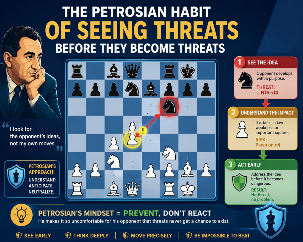 Petrosian’s defense was not only about blocking attacks. It was about stopping attacks before they even looked like attacks. That is what made him so annoying to play against. His opponents would start building a plan, and Petrosian would calmly remove the one square, one file, or one piece they needed.