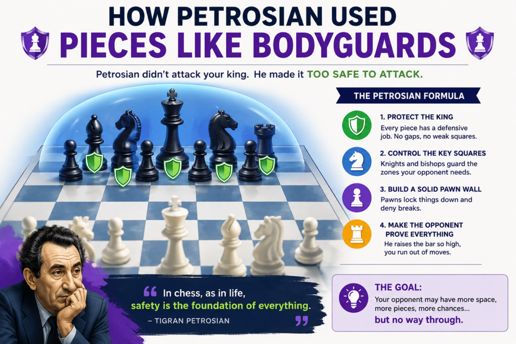 Petrosian treated his pieces like a safety team. Every piece had a job. One piece protected a key square. Another blocked an open file. Another watched over the king. Nothing was random.