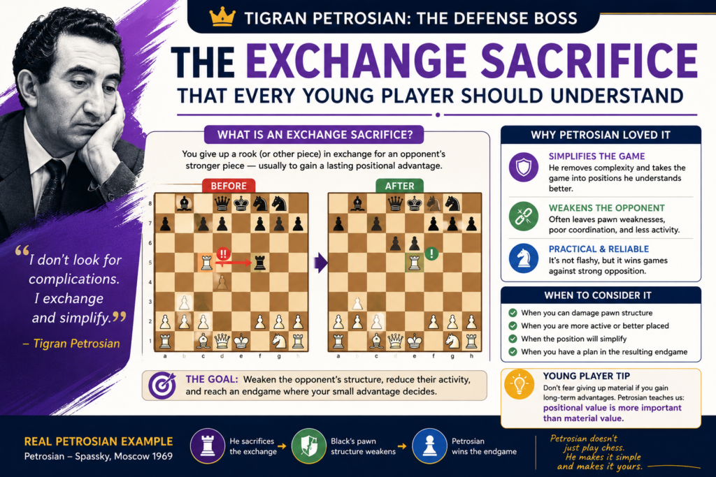 One of Petrosian’s most famous ideas was giving up a rook for a bishop or knight. This is called an exchange sacrifice. For many kids, this feels shocking because they learn early that a rook is usually worth more than a bishop or knight.