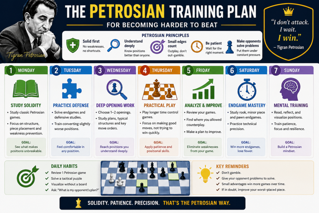 A child does not become hard to beat by reading one article. They become hard to beat by building small habits and using them in real games. Petrosian’s style gives a clear path.